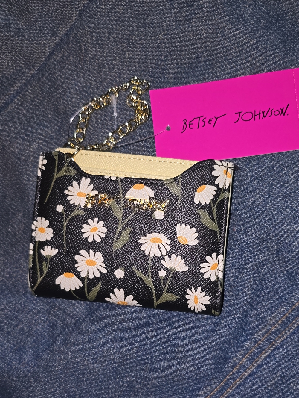 NWT Betsey Johnson Black Floral Daisy Chain Card Holder Wallet